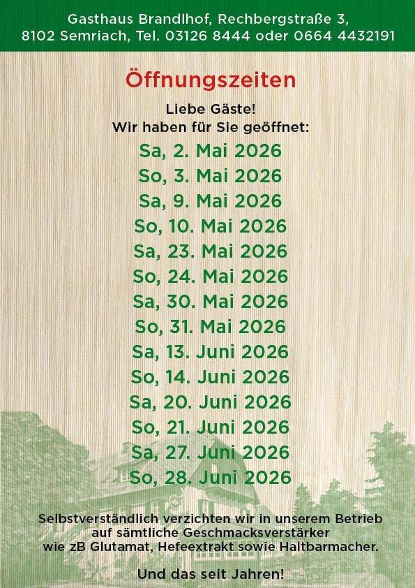 Aktuelle Öffnungszeiten des Gasthaus Brandlhof
